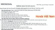 Tháng 8-2023. Công ty Honda Việt Nam tuyển 250 nhân viên làm việc tại Vĩnh Phúc, mức lương 8.530.000 đồng